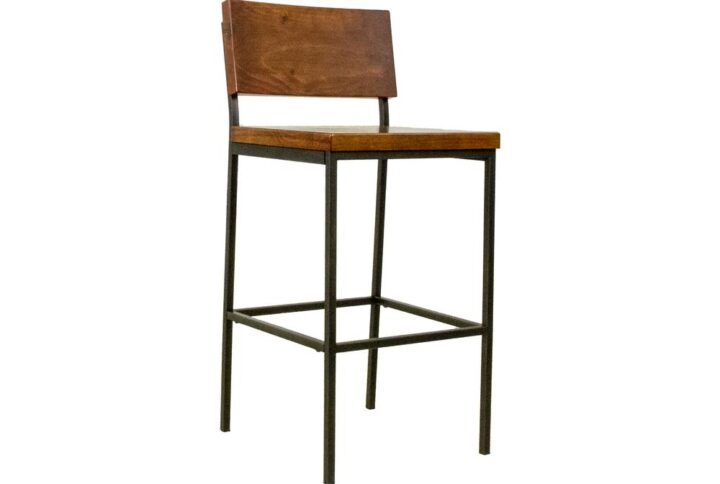 Contoured wood back for comfortGunmetal finished metal frame36" counter height with a 24" seat height