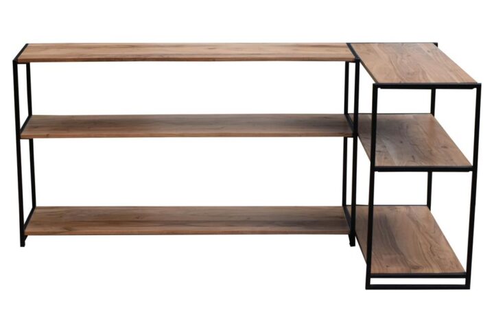 Acacia wood & iron provide great stabilityLots of shelf space for storage & displayBlack iron base/frame