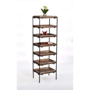 7 solid mango wood shelves with raised edgesIron is in a matte black finishShips fully assembled