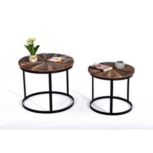 Table top is designed as a starburst pattern with reclaimed mango wood2 Tables in 1 cartonShips fully assembled