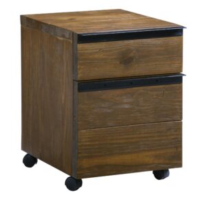 Desk companion features a top drawer for necessities along with a large bottom drawerfor files or larger storage needsDesk companion has casters for mobilityRusset Pine wood and black metal finish