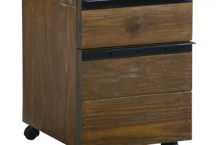 Desk companion features a top drawer for necessities along with a large bottom drawerfor files or larger storage needsDesk companion has casters for mobilityRusset Pine wood and black metal finish