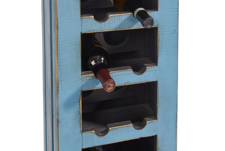 Holds up to 20 regular size wine bottles2 small drawers for hidden storageGorgeous new Antique Aqua finish