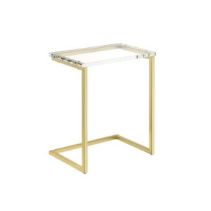 ½” thick acrylic provides great stabilityClear acrylic transparent finish with a metal base in a satin gold finishGenerous size for table-top space