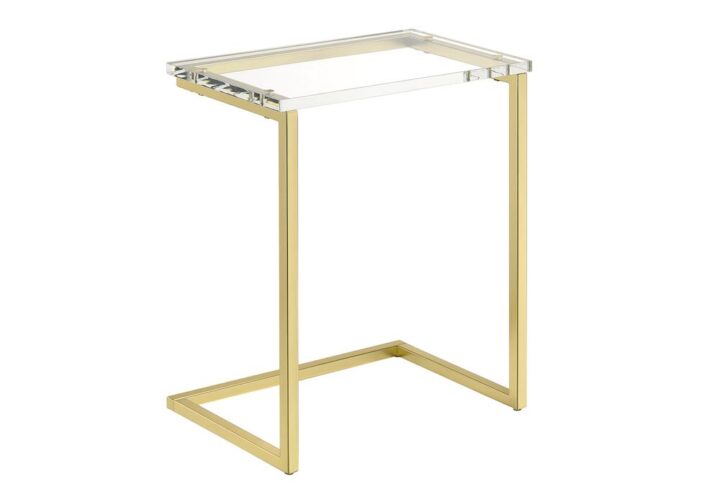 ½” thick acrylic provides great stabilityClear acrylic transparent finish with a metal base in a satin gold finishGenerous size for table-top space