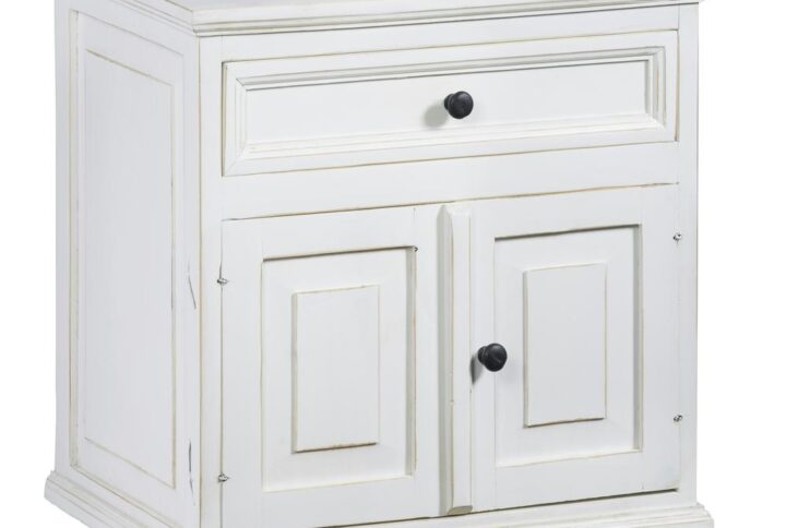 Solid Brazilian Pine constructionWhite finish with a slightly worn texture1 finished drawer and spacious cabinet for storage