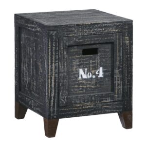 Cool text imprinted on drawer box replicating old industrial styles1 large drawer box that can be pulled out and used aloneNeutral distressed “Coal” finish