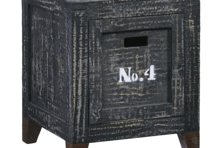 Cool text imprinted on drawer box replicating old industrial styles1 large drawer box that can be pulled out and used aloneNeutral distressed “Coal” finish