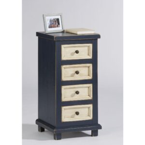 4 drawers with wooden side guides4 wooden drawer knobs finished in a Rustic Bronze colorNew Navy Blue finish with Antique White drawers