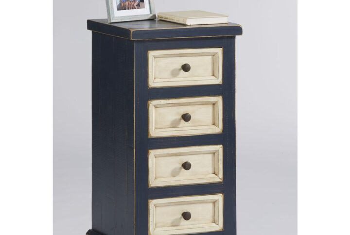 4 drawers with wooden side guides4 wooden drawer knobs finished in a Rustic Bronze colorNew Navy Blue finish with Antique White drawers