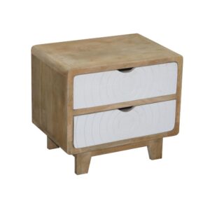 Mango wood provides great stabilityDrawers have a carved circular “Deco” design