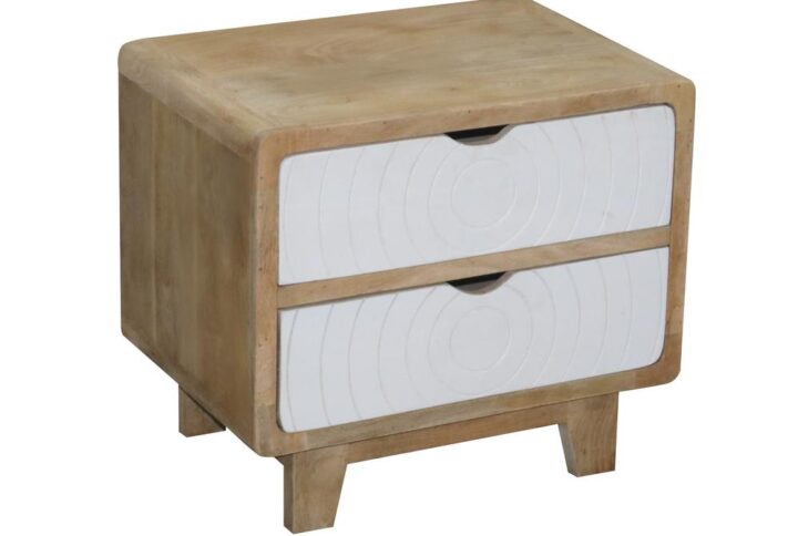 Mango wood provides great stabilityDrawers have a carved circular “Deco” design