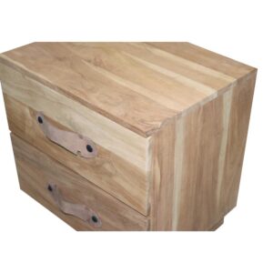 Drawers have wooden side guidesLeather handles with bronze nail headShips fully assembled