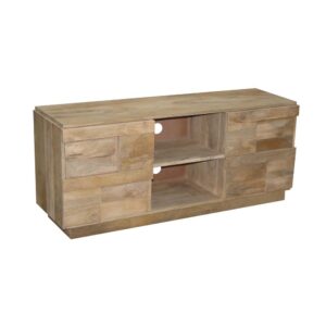 Chest has hinged cabinet doors interior shelves for hidden storageContemporary dimensional designShips fully assembled