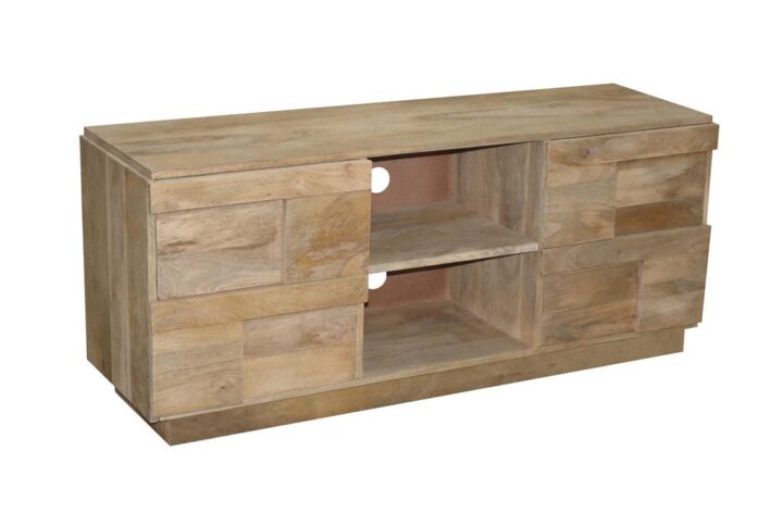 Chest has hinged cabinet doors interior shelves for hidden storageContemporary dimensional designShips fully assembled