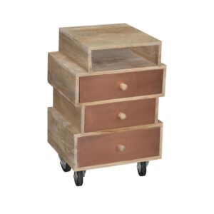 3 drawers with copper fronts and wooden side guides1 open shelfWooden drawer knobs