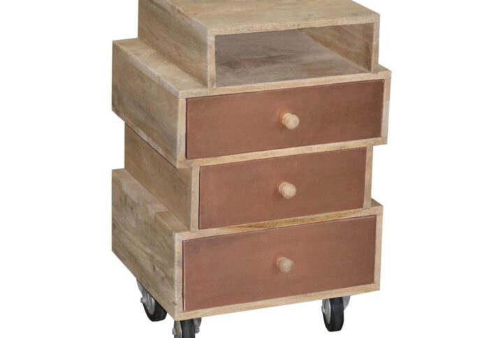 3 drawers with copper fronts and wooden side guides1 open shelfWooden drawer knobs