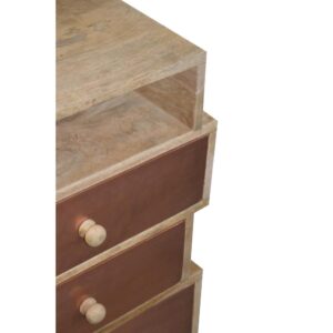 3 drawers with copper fronts and wooden side guides1 open shelfWooden drawer knobs