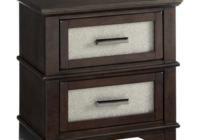 Champagne vinyl inserts with a pebble texture on drawer frontsBlack nickel faceted drawer pullsMetal drawer guides