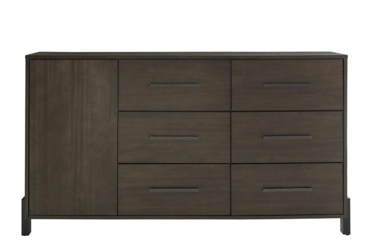 Drawer interiors are covered in paper for a smooth finishLong bar pulls in burnished copper finishCabinet with adjustable shelving