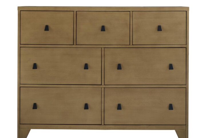 Drawer interiors are covered in paper for a smooth finishAngled tab finger pulls in platinum finishFeatures 3 small drawers and 4 larger drawers