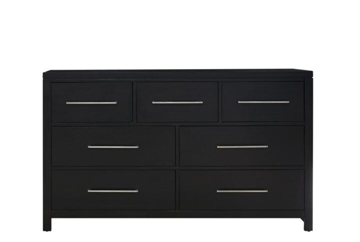 Hardware consists of elongated nickel bar pulls.Dresser consists of three medium drawers