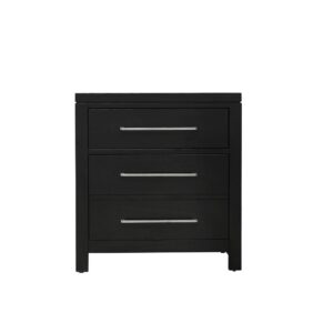 Hardware consists of elongated nickel bar pulls.Cases have inset drawers and have side ball bearing drawer guides and wrapped interior drawers for a clean finish.Sleek lines & Midnight finish