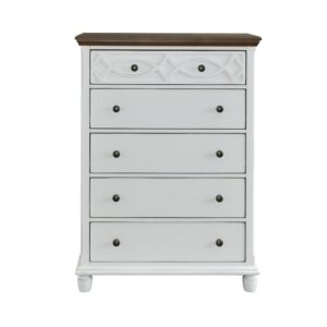 Five drawersFull extension drawer guides with round contrasting knobsSimple oblong bun feet