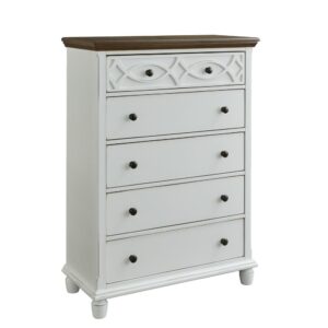 Five drawersFull extension drawer guides with round contrasting knobsSimple oblong bun feet