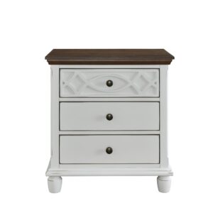 Features three drawersFull extension drawer guides with round contrasting knobsSimple oblong bun feet