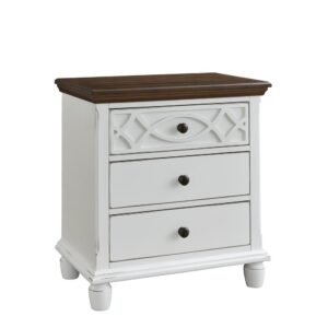 Features three drawersFull extension drawer guides with round contrasting knobsSimple oblong bun feet