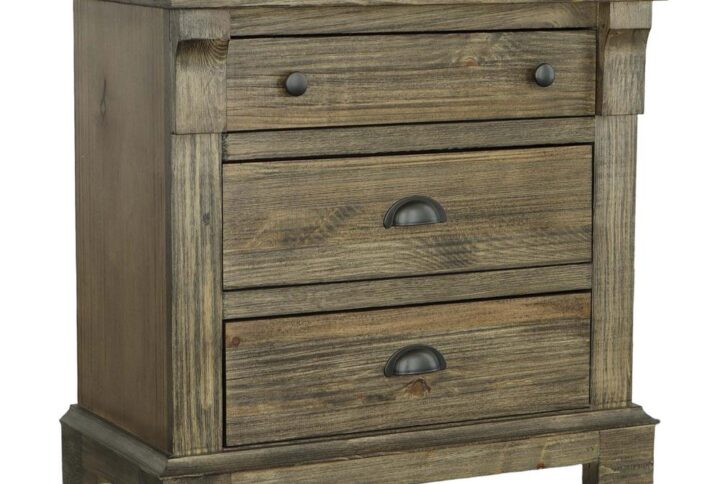 Weathered gray finish features a rough sawn distress and is hand applied for a long-lasting durable application.Drawers are constructed of solid pine using a dado technique and have full extension drawer guides.Hardware consists of an oil rubbed bronze finished cup pull . To avoid damage all drawer/cabinet hardware is installed inside product