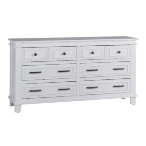 Multi-step hand applied clean white (Swan) finishFeatures overlays on drawers and panels and framed drawersKnobs and handles finished in a mottled pewter finish