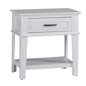 Multi-step hand applied clean white (Swan) finishFeatures overlays on drawers and panels and framed drawersFeatures one drawer with an open slat shelf