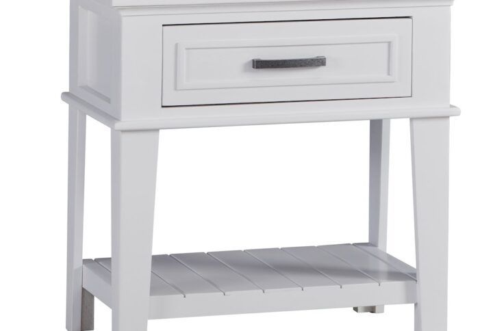 Multi-step hand applied clean white (Swan) finishFeatures overlays on drawers and panels and framed drawersFeatures one drawer with an open slat shelf