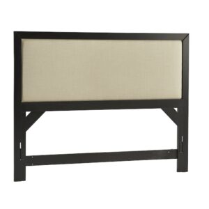 Available in queen and king sizeMitered bed panel with upholstered insert on headboard; upholstered panel is 100% polyesterIntense black finish