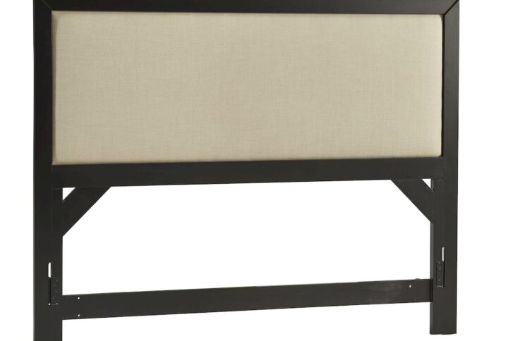 Available in queen and king sizeMitered bed panel with upholstered insert on headboard; upholstered panel is 100% polyesterIntense black finish