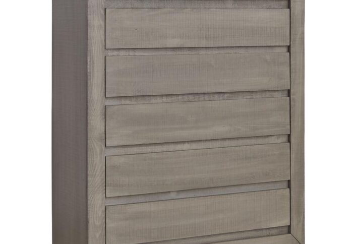 Multi-step Stone textured rough sawn finishFull extension drawer guidesRouted out finger pulls are used in lieu of hardware