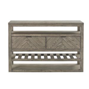 Slatted shelf perfect for wine storage2 spacious drawers with planked frontsTransitional pulls in a pewter finish