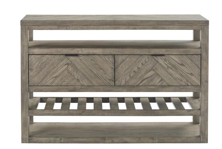 Slatted shelf perfect for wine storage2 spacious drawers with planked frontsTransitional pulls in a pewter finish