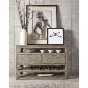 Slatted shelf perfect for wine storage2 spacious drawers with planked frontsTransitional pulls in a pewter finish