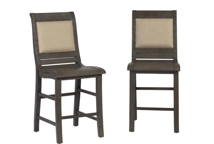 Set of two chairsUpholstered back with nail headsFootrest for added comfort