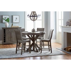 Seats 4 comfortablyPedestal style baseDistressed dark gray finish