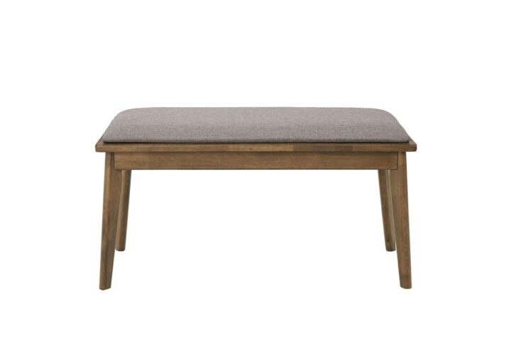 Upholstered gray seatMid-century modern designWarm Walnut finish