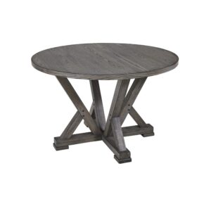 Trestle pedestal base designSeats 4 comfortablyHarbor Gray finish