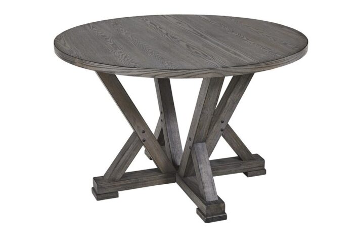 Trestle pedestal base designSeats 4 comfortablyHarbor Gray finish