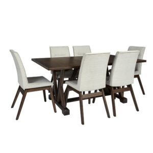 Seats 6 comfortablyWalnut brown finishTrestle style designed base