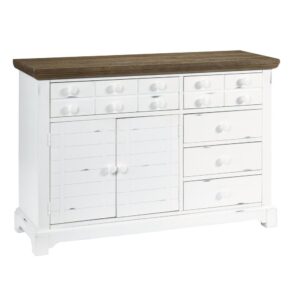 2 doors with 2 adjustable shelves5 drawers for storageOak finished table top with distressed white base