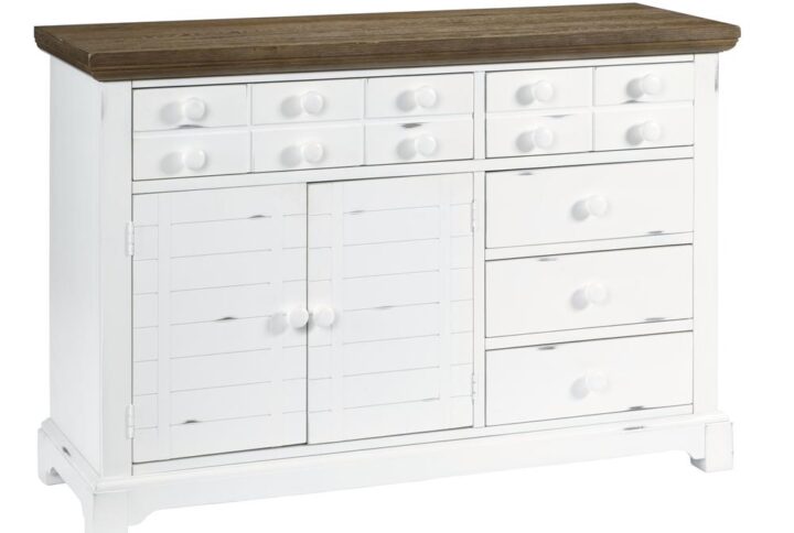 2 doors with 2 adjustable shelves5 drawers for storageOak finished table top with distressed white base