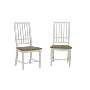 Set of two chairsSlat open back designOak finished wood seats with distressed white frame